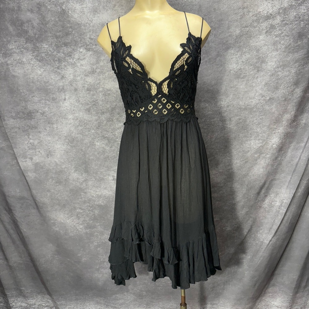 Free People FP One Adella Mini Slip Dress Size S Black Asymmetric Hem Lace Boho
